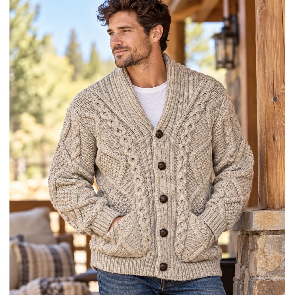 Aran Crafts Ireland Men's L 100% Merino Wool Cable Knit Cardigan Fisherman